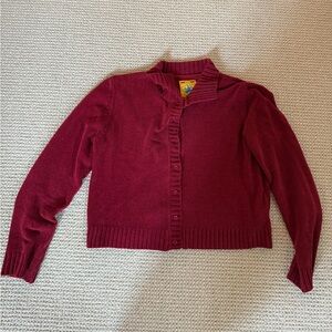 UNIF Red Cardigan Sweater with Ribbed Knit and Stand-Up Collar